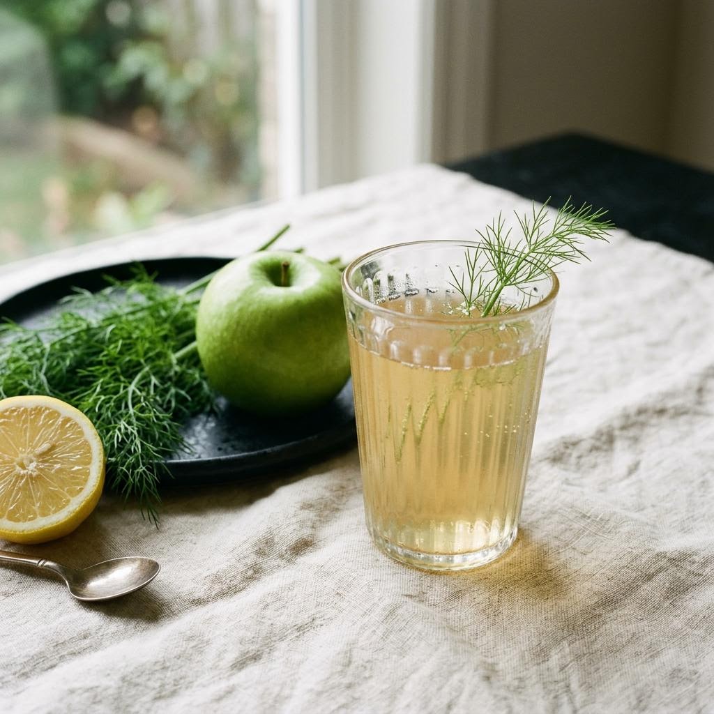 Pale apple fennel lemon juice with fennel fronds and apple slices