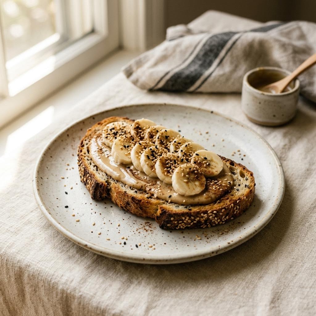 Banana sesame tahini toast with cinnamon and flaky sea salt