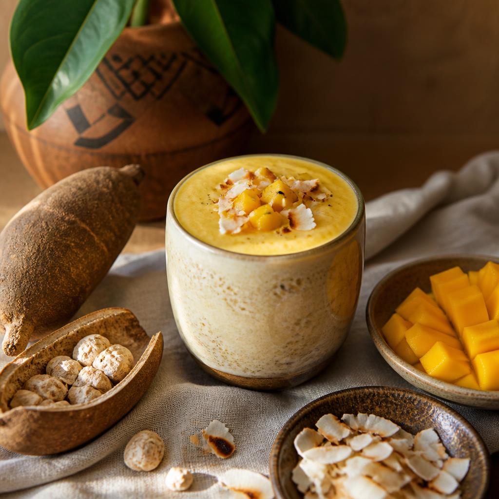 Golden baobab mango smoothie with coconut and mango on linen
