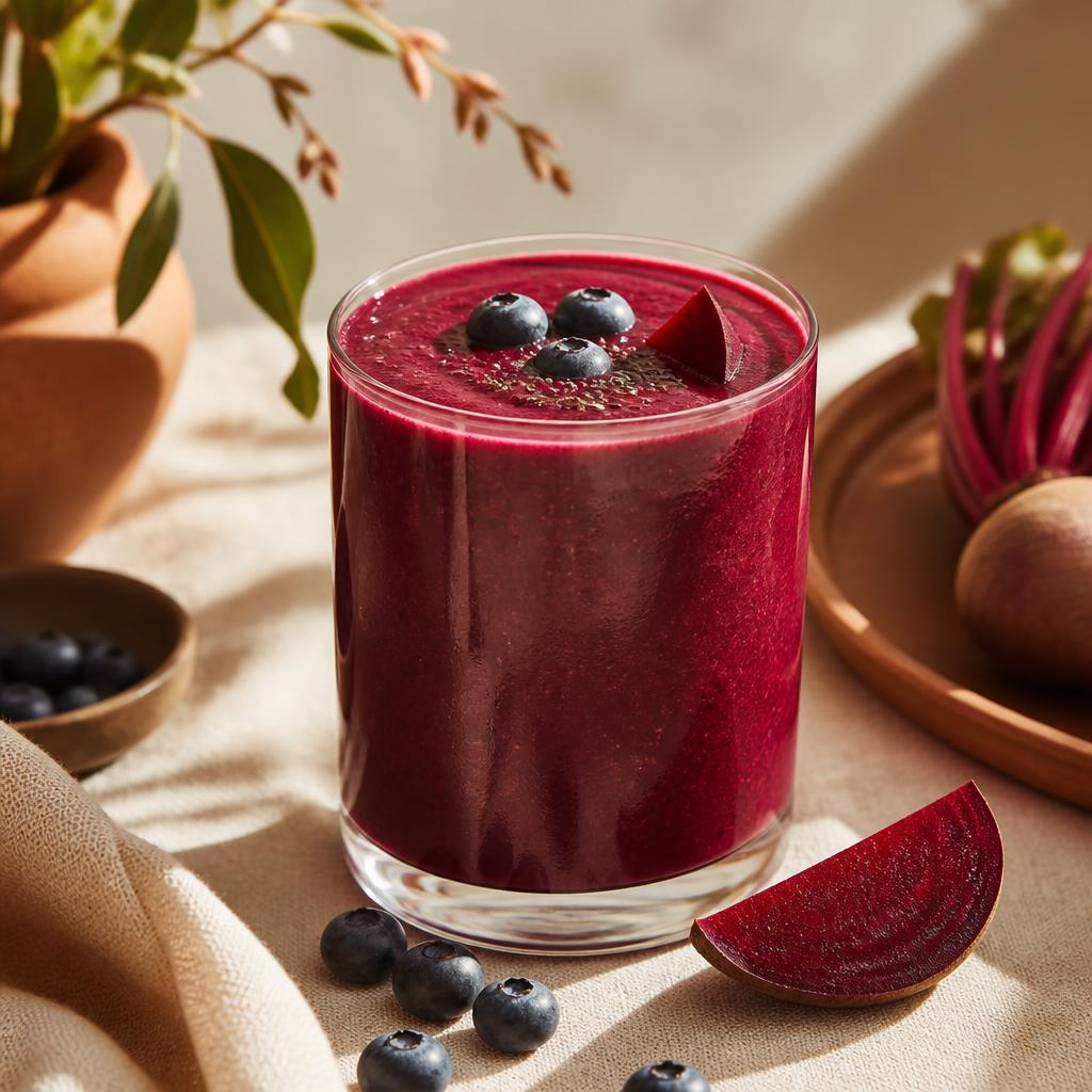 Ruby beet berry smoothie with blueberries and sliced banana beside the glass