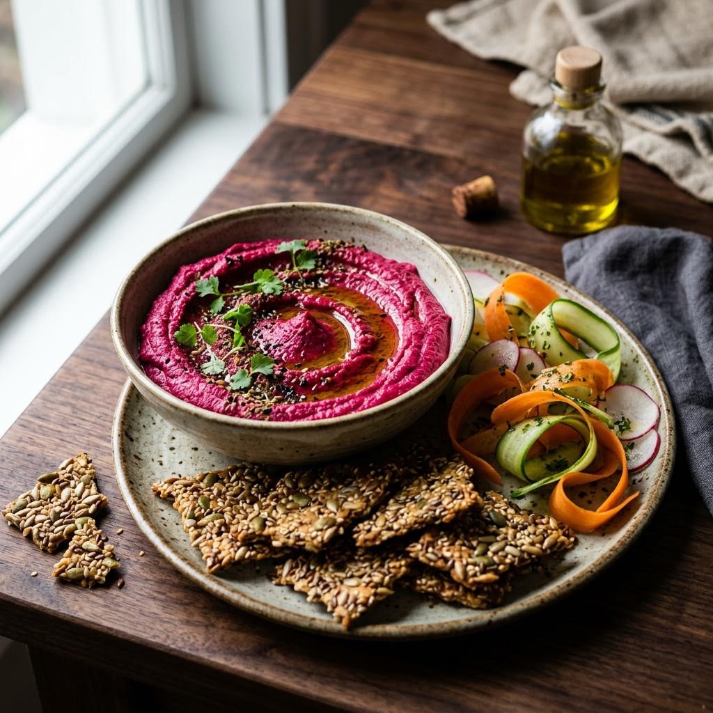 Beet hummus with seeded crisps lemon and fresh herbs
