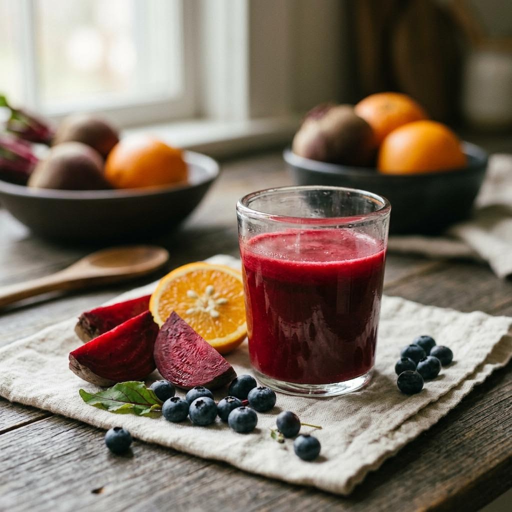 Ruby beet orange berry juice with blueberries, orange and beet slices