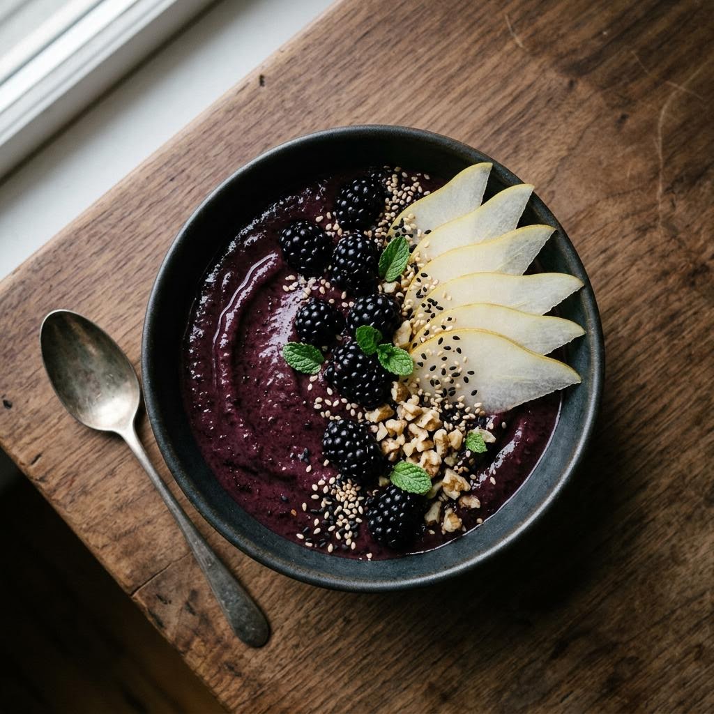 Blackberry tahini smoothie bowl topped with sesame seeds and fresh berries