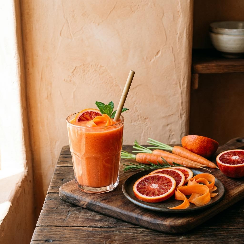 Coral blood orange carrot smoothie with citrus wedges and grated carrot