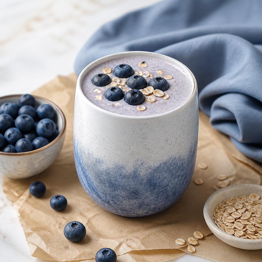 Creamy blueberry oat smoothie in a clear glass with oats and cinnamon nearby