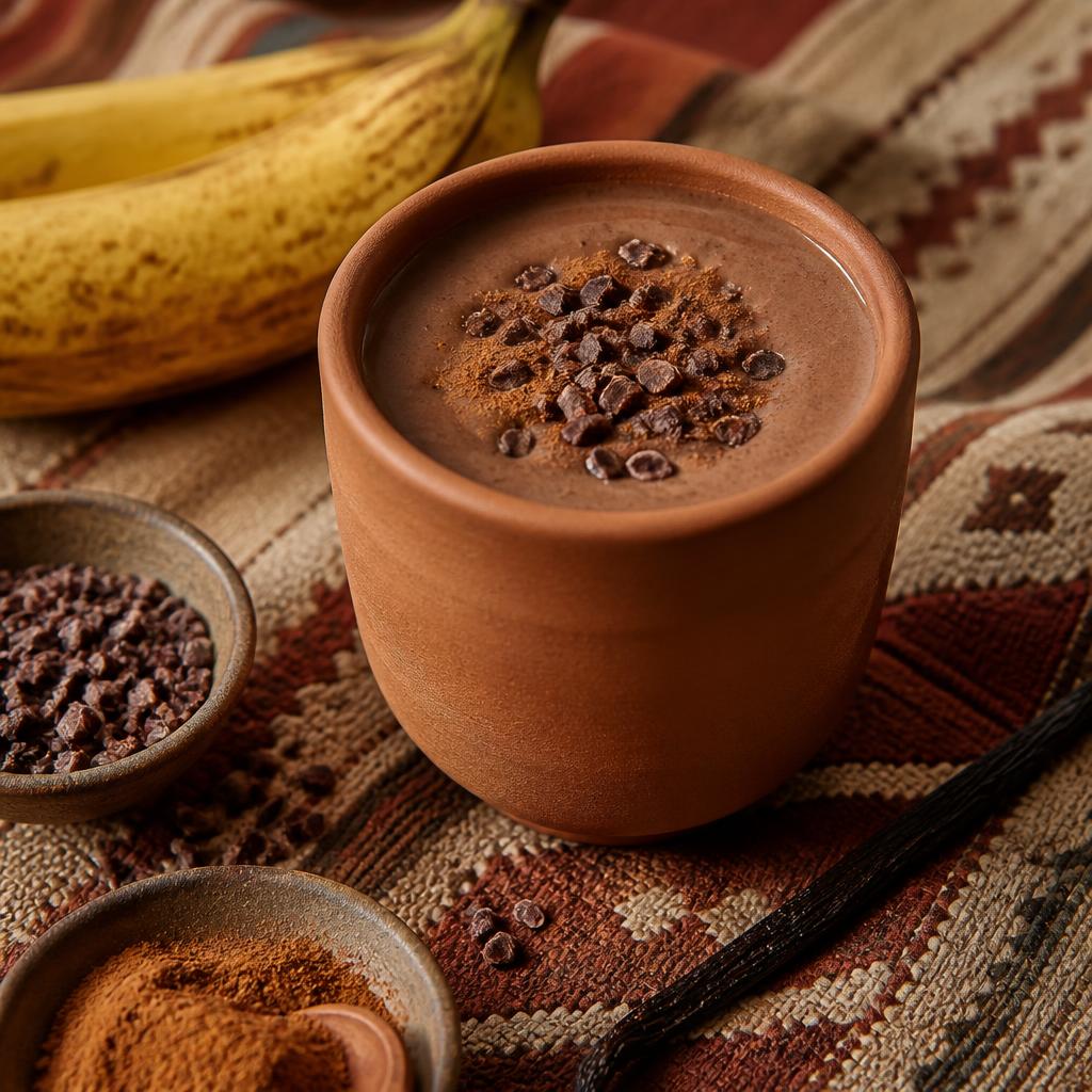 Cacao banana smoothie with cinnamon and cacao nibs in a clay cup