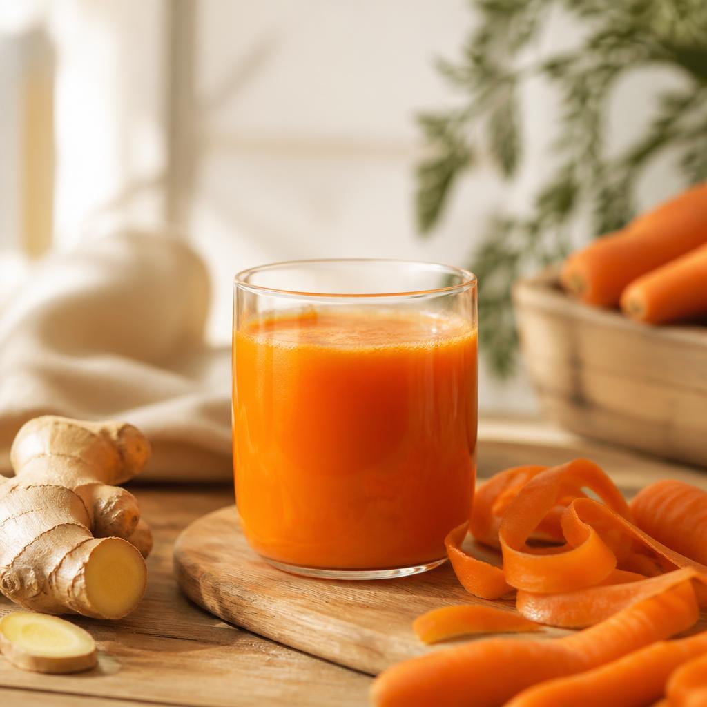 Bright carrot ginger citrus juice with orange, lemon and carrot pieces
