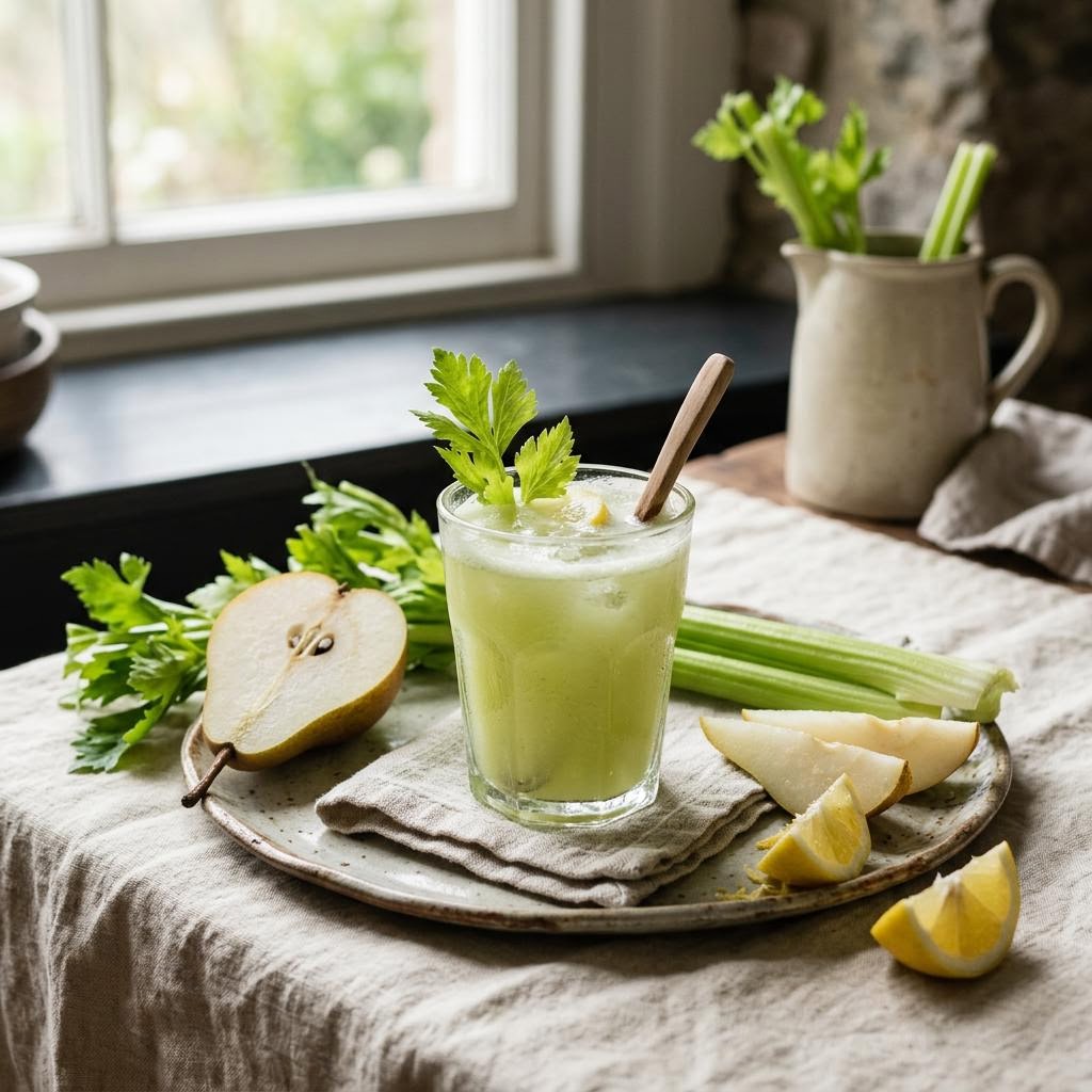 Fresh green celery pear lemon juice with pear slices and parsley