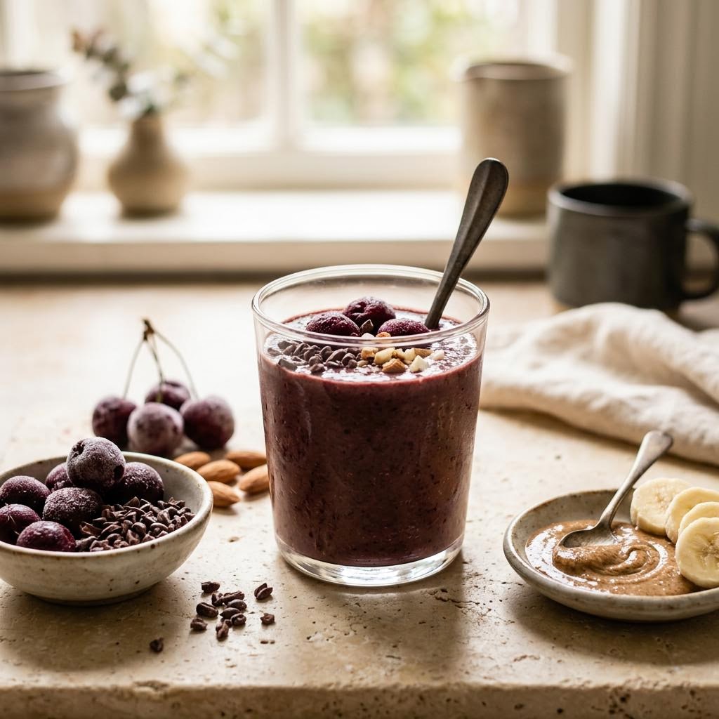 Deep cherry cacao smoothie topped with cacao nibs and almond butter