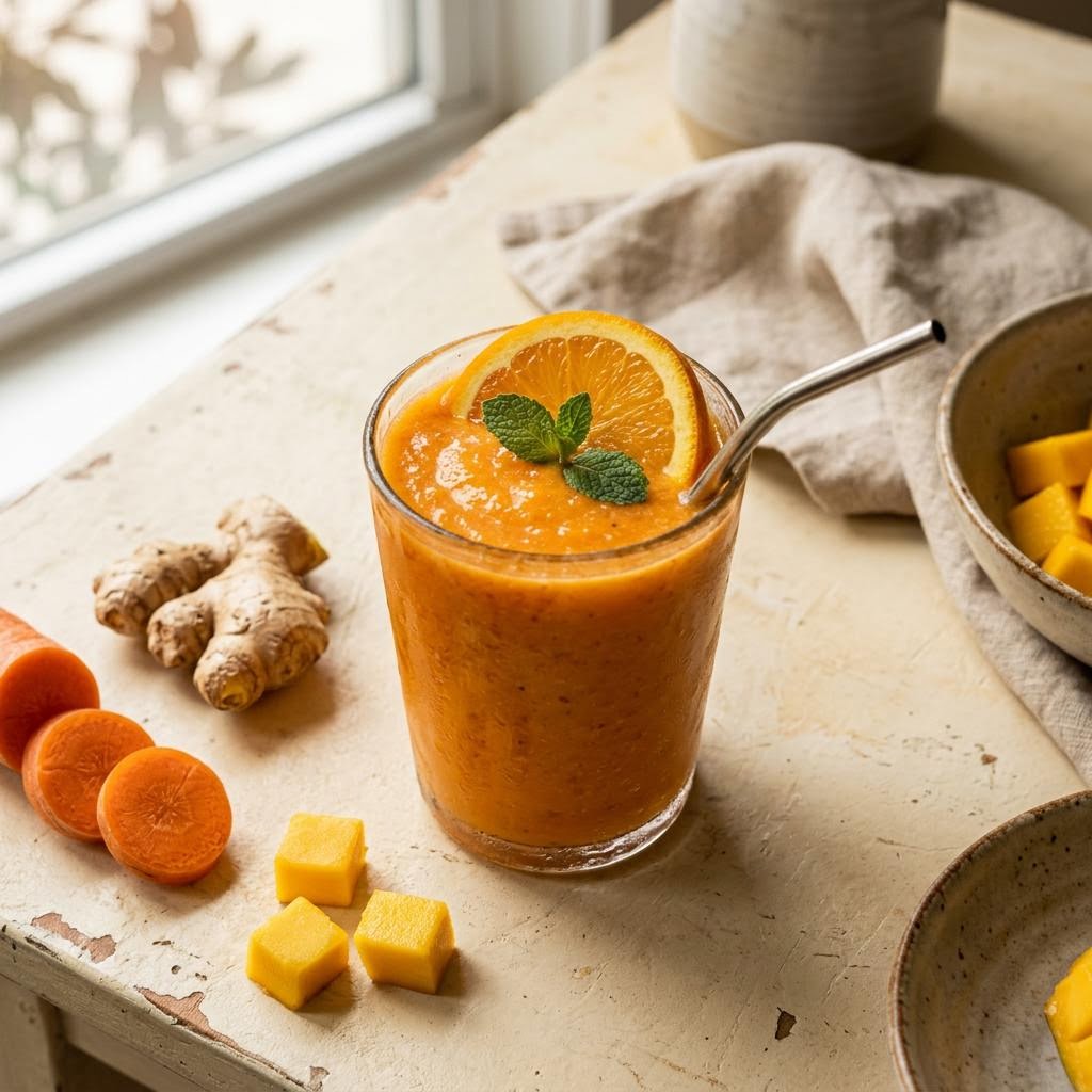 Orange carrot ginger smoothie with an orange wheel and ginger root