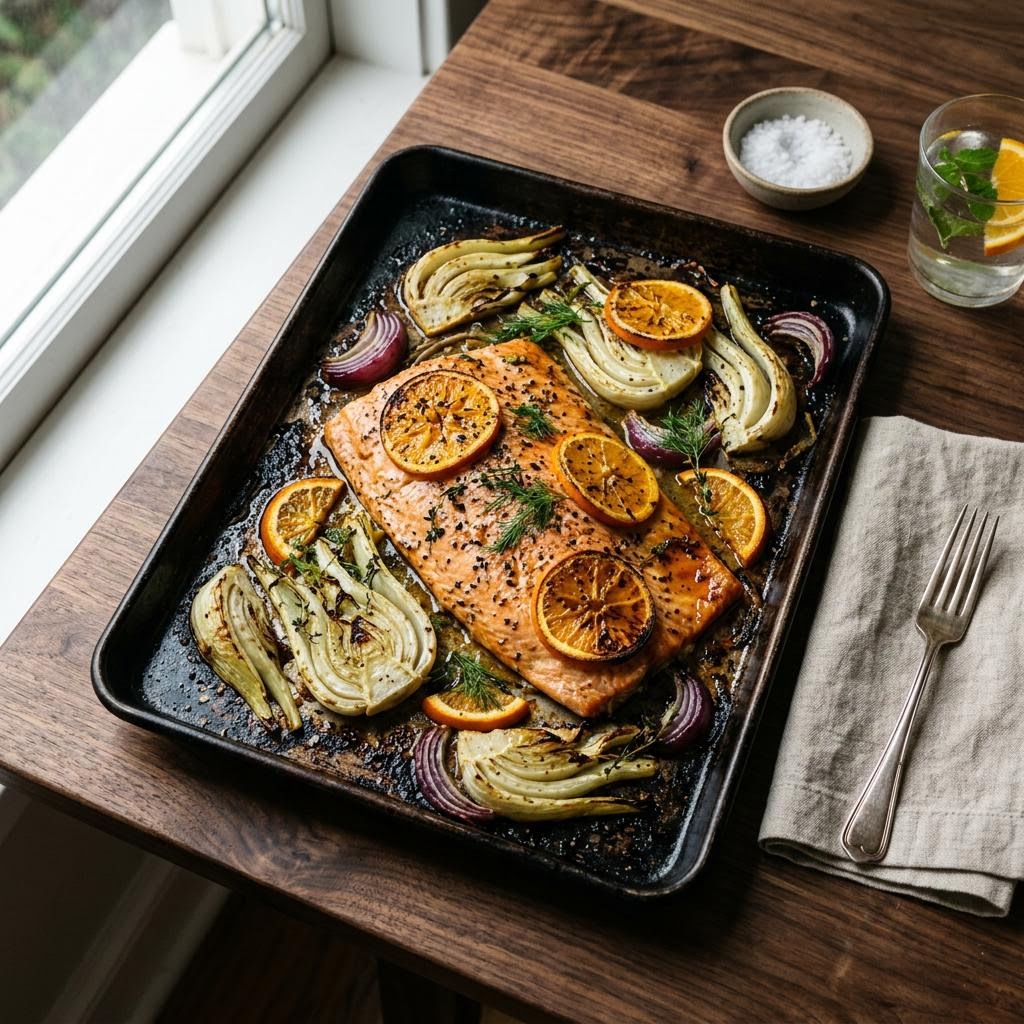 Citrus fennel salmon tray bake with potatoes green beans and orange