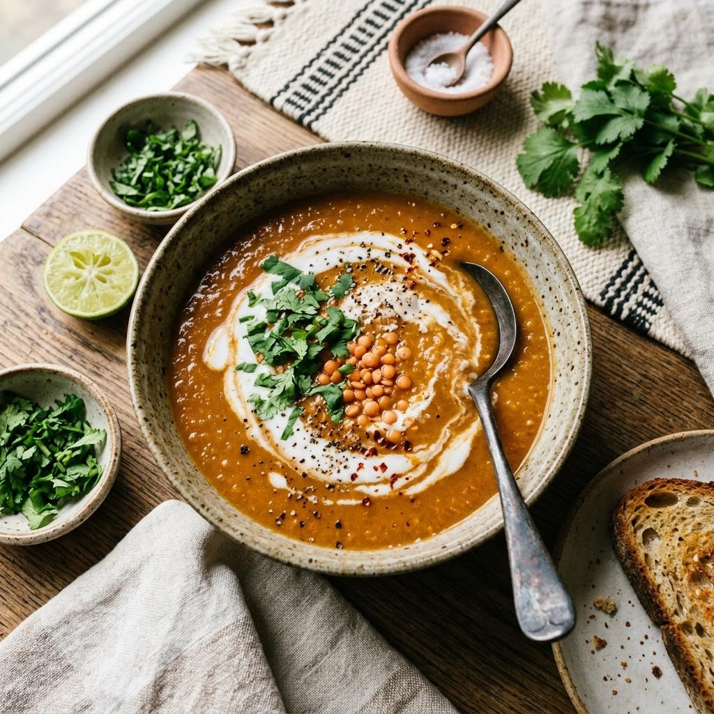 Golden coconut red lentil soup with cilantro, lime and chili flakes