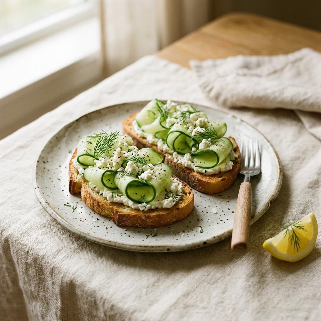Cucumber feta crisp toasts with dill, lemon and cracked pepper