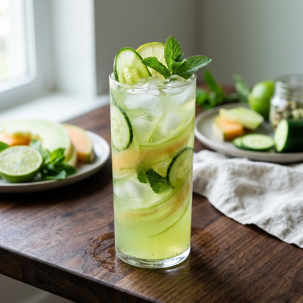 Pale green cucumber melon agua fresca with lime and mint