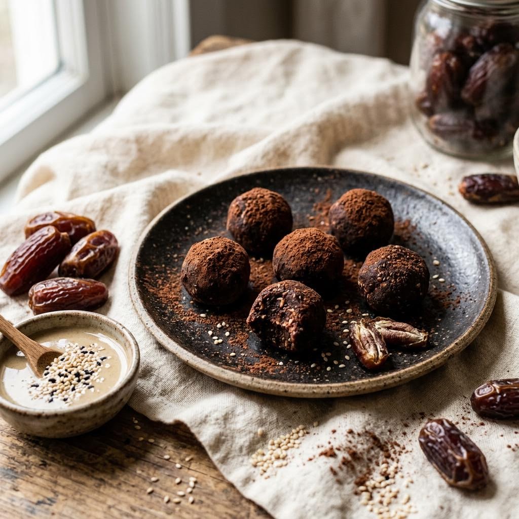 Cocoa date tahini truffles rolled in sesame seeds on a small plate