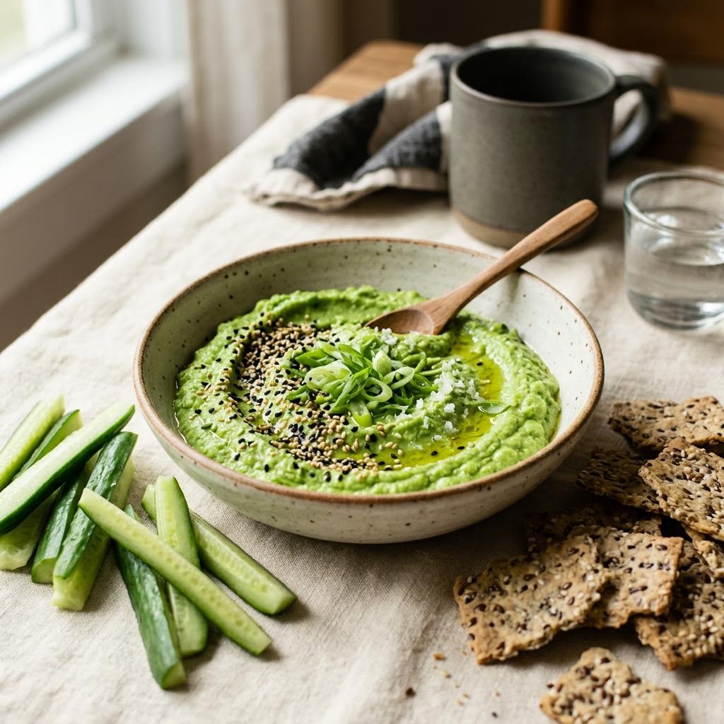 Bright green edamame scallion dip with cucumber, pita and sesame