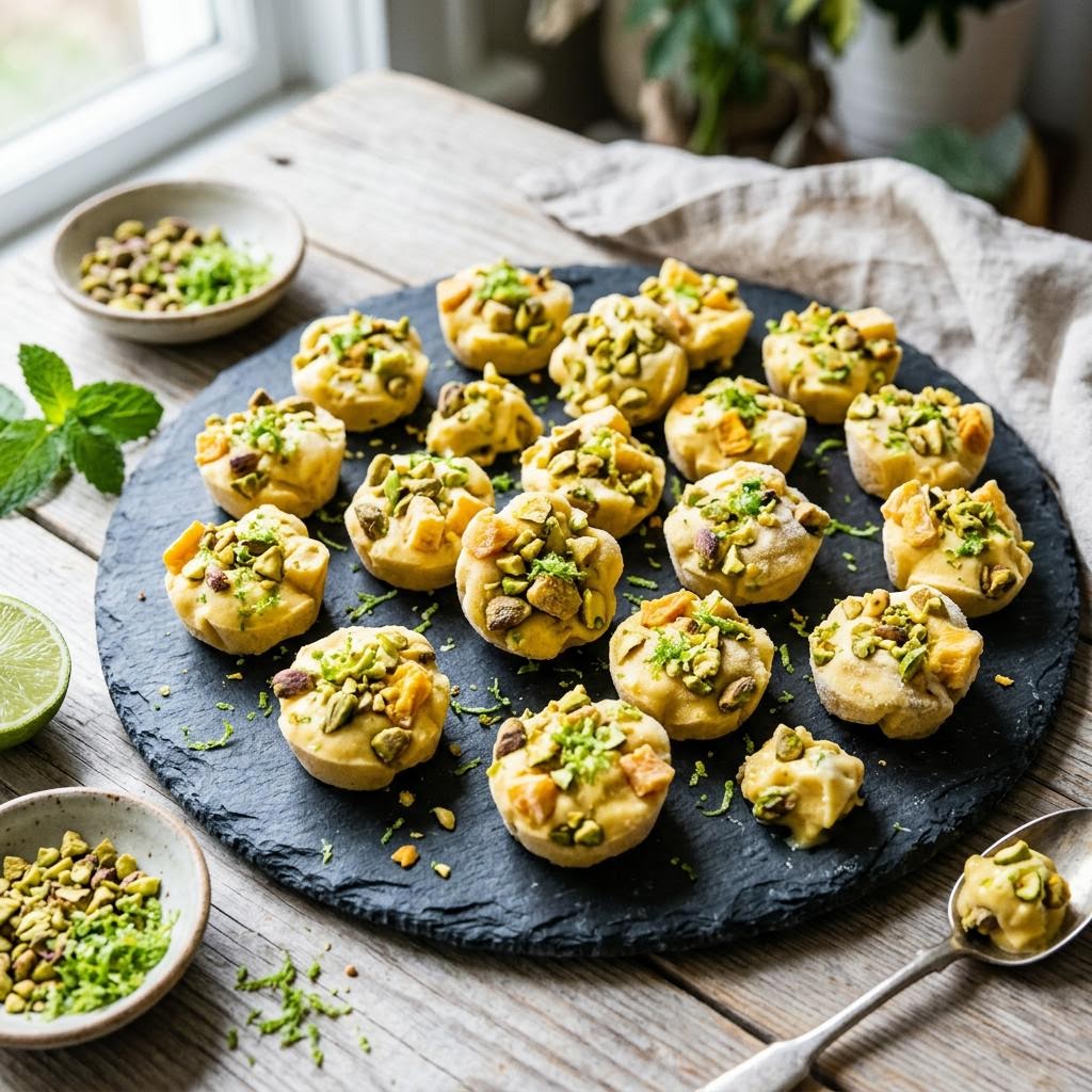 Frozen mango lime yogurt clusters with coconut and lime zest