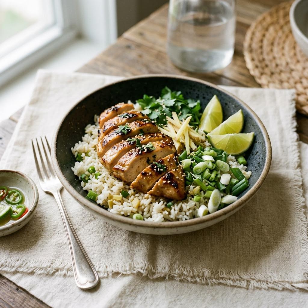 Ginger lime chicken rice bowl with snap peas and scallions