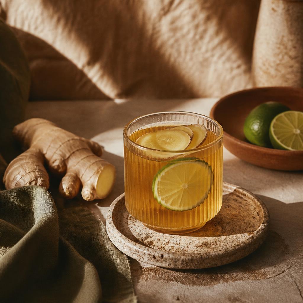 Warm amber ginger lime drink with fresh lime and ginger slices