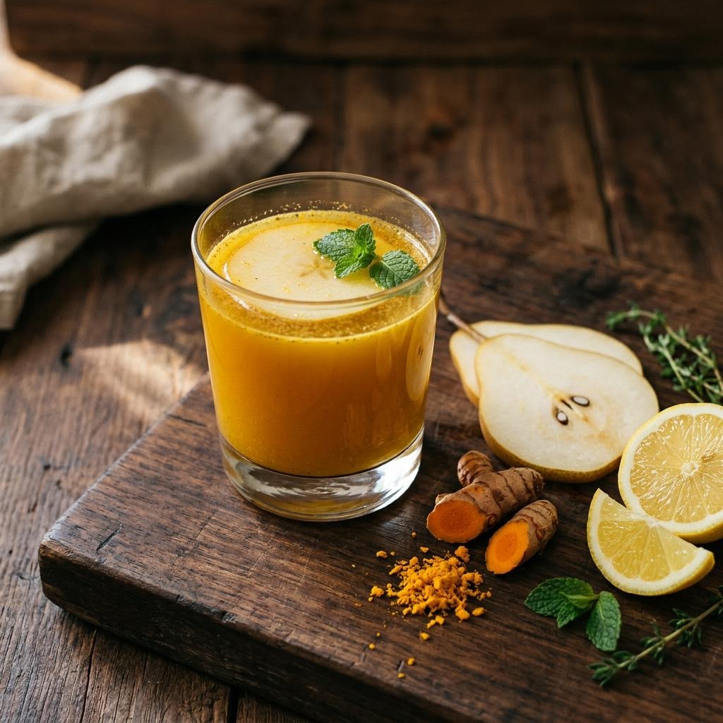 Golden pear turmeric juice with pineapple ginger and lemon