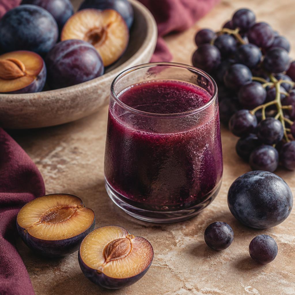 Deep purple grape plum juice with sliced plums and a sprig of rosemary
