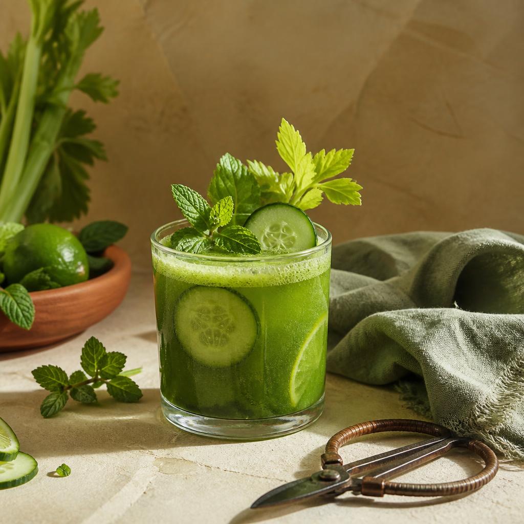 Green cucumber smoothie with lime and mint on a kitchen table