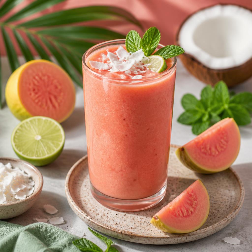 Coral guava coconut smoothie with lime and mint on stoneware