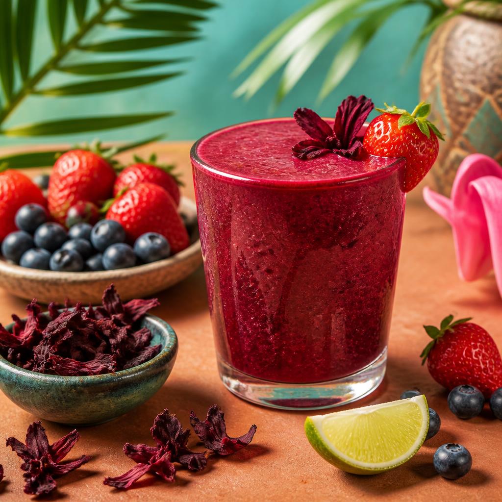 Ruby hibiscus berry smoothie with lime and hibiscus petals