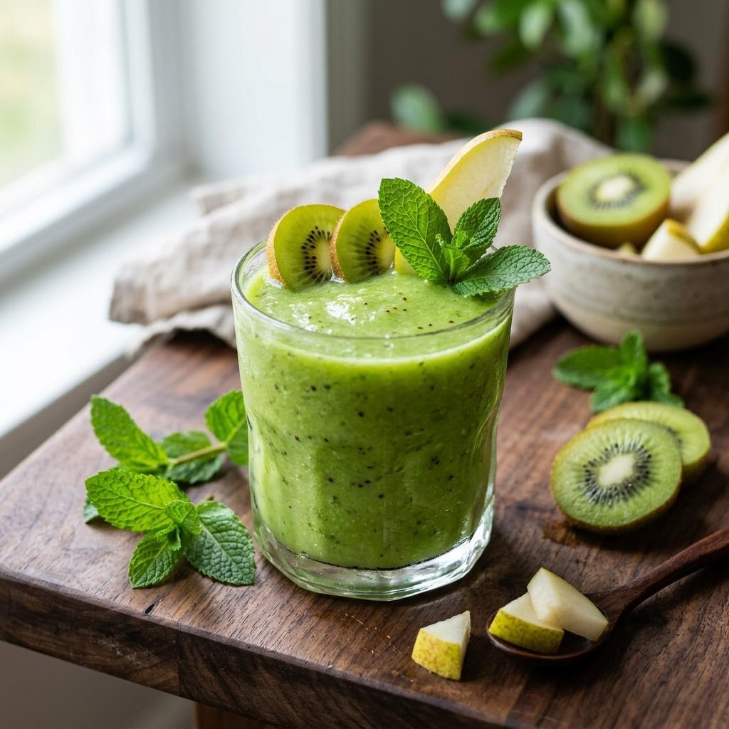 Bright green kiwi pear smoothie with kiwi slices, pear and mint