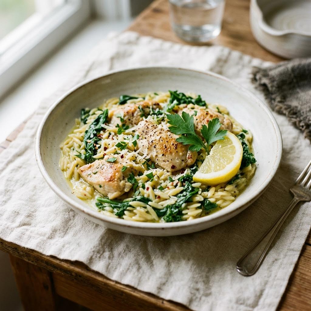 Lemon chicken orzo with peas, spinach, dill and lemon wedges