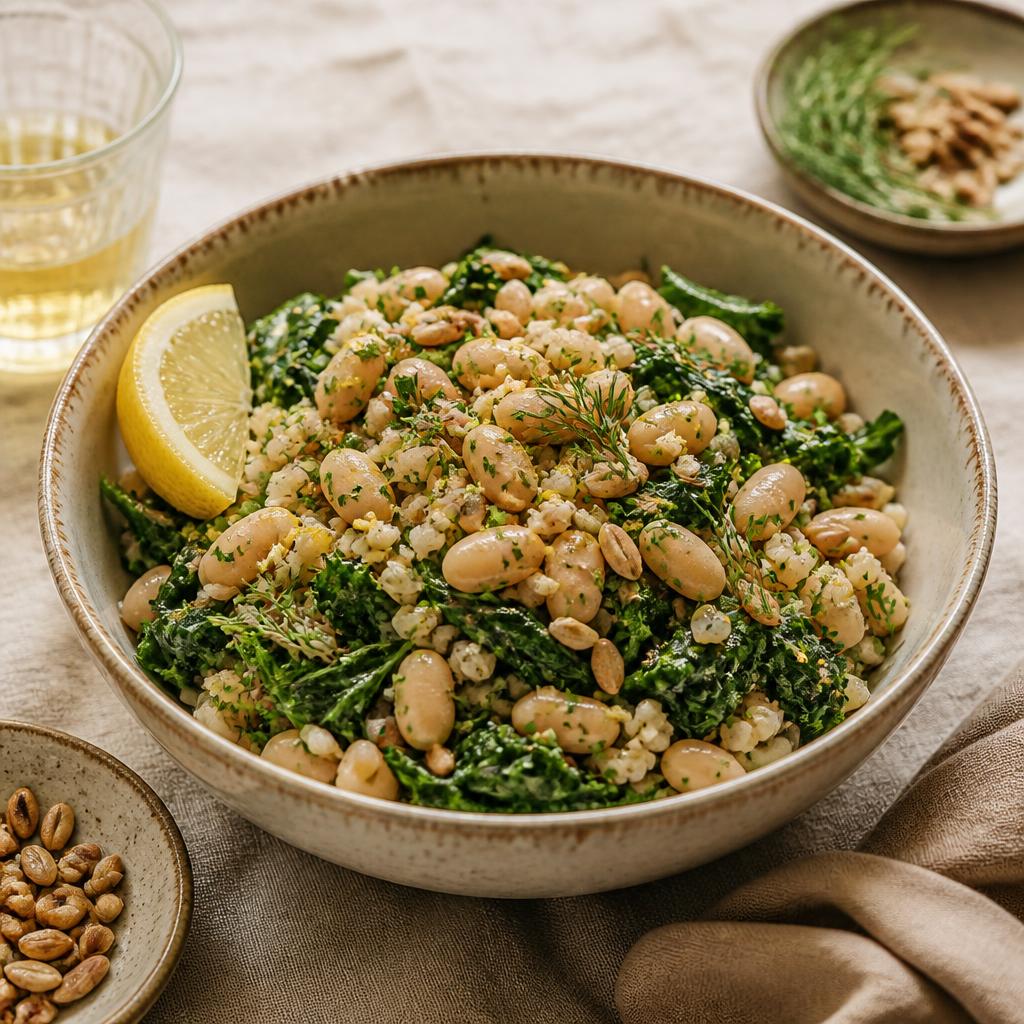 Lemony white bean bowl with wilted greens, cherry tomatoes, feta and breadcrumbs