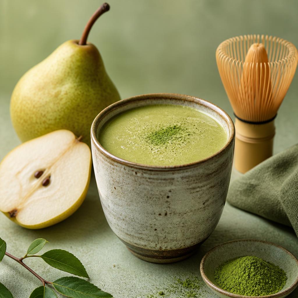 Green matcha pear smoothie with pear slices and a bamboo whisk