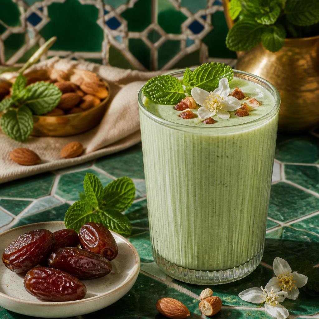 Mint date smoothie with almonds and orange blossom on a warm tiled table