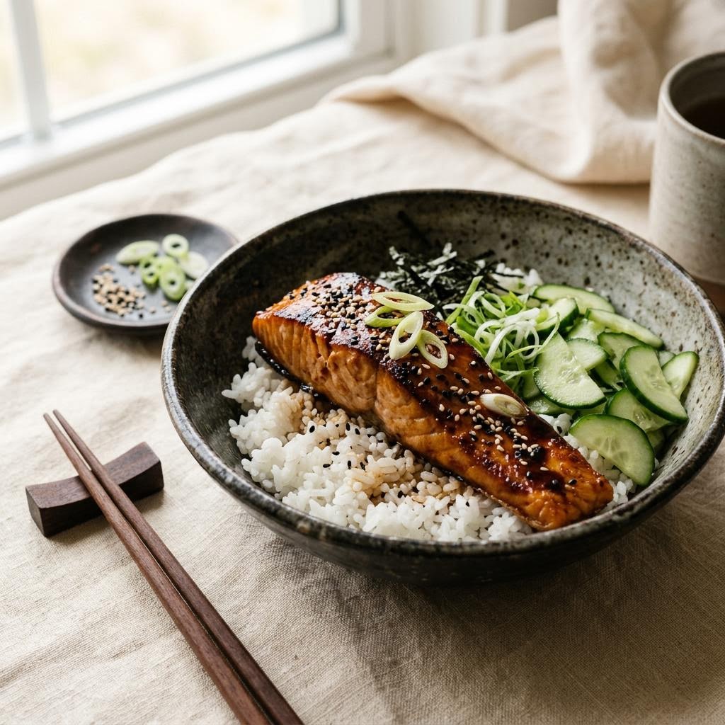 Miso glazed salmon rice bowl with cucumber, avocado and sesame