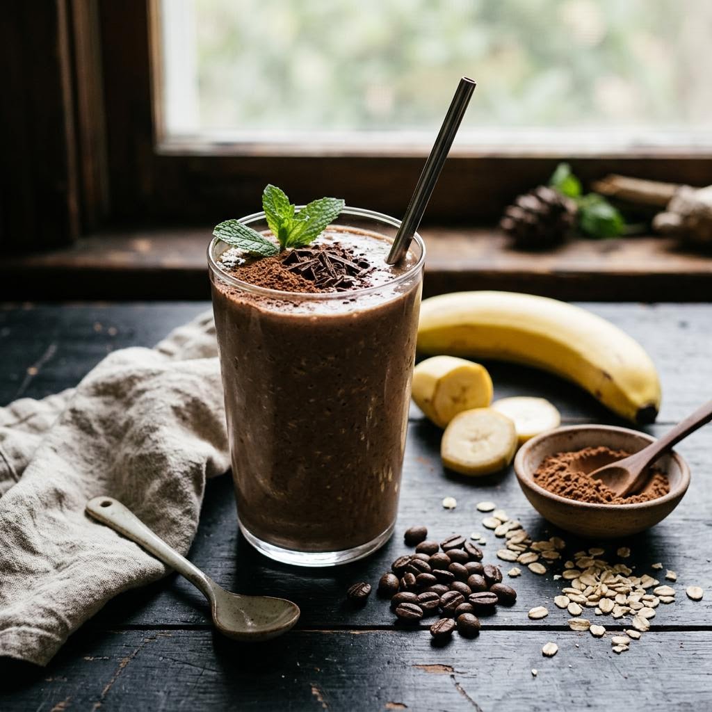 Iced mocha banana oat smoothie with coffee beans and a dusting of cacao