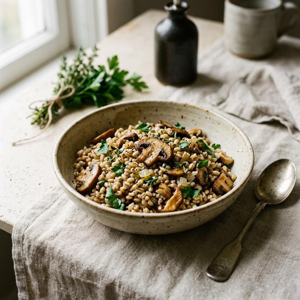 Mushroom barley pilaf with green peas, parsley and grated parmesan