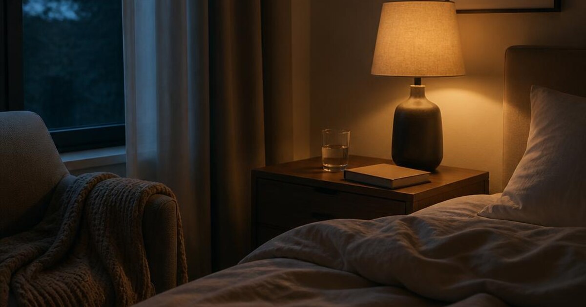A softly lit evening table with a book, folded blanket and cup of herbal tea