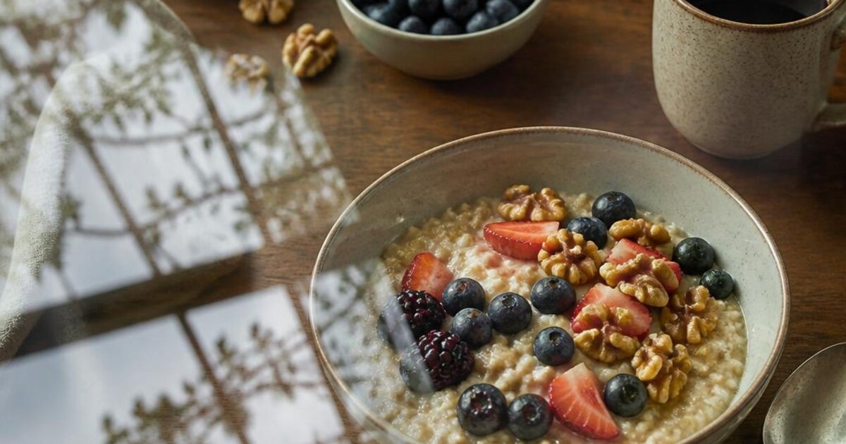 Walnuts, oats and avocado arranged on a dark wooden table