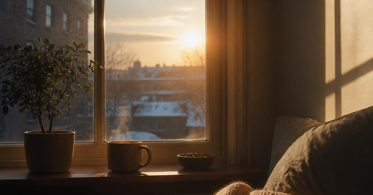 Low winter sunlight falling across a table with a warm mug and evergreen branch
