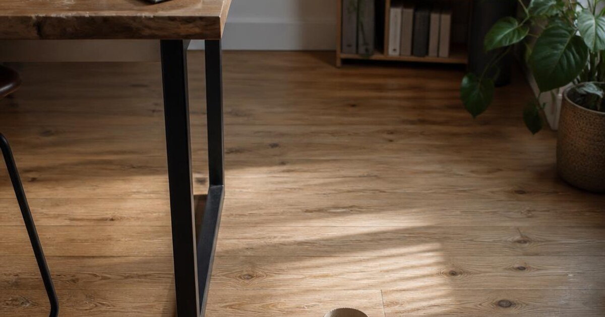 A desk with a notebook, water bottle and clear space for a standing stretch
