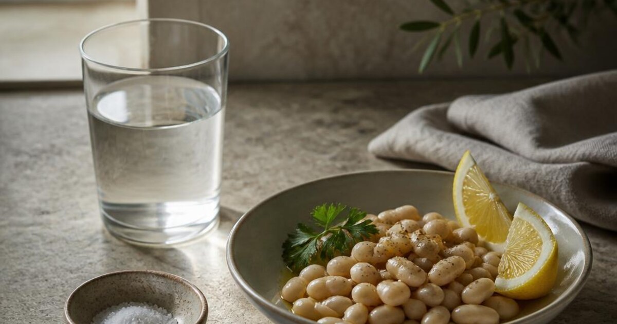 A small bowl of salt beside a bright hibiscus drink and a food label-inspired kitchen table