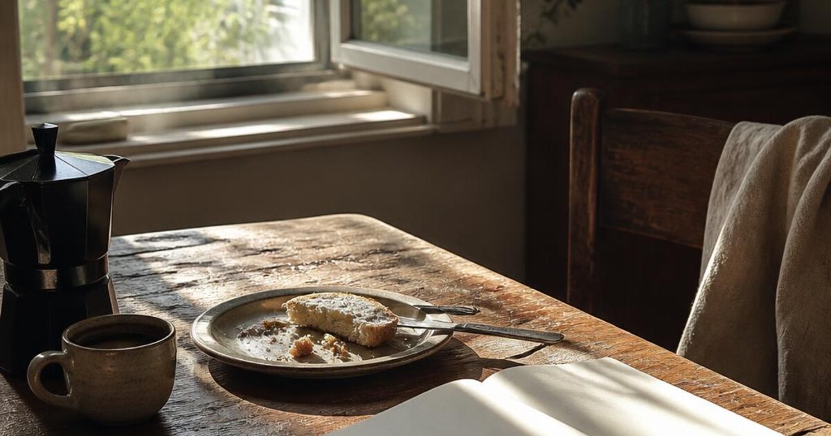 A quiet morning table with coffee, a folded newspaper and warm sunlight