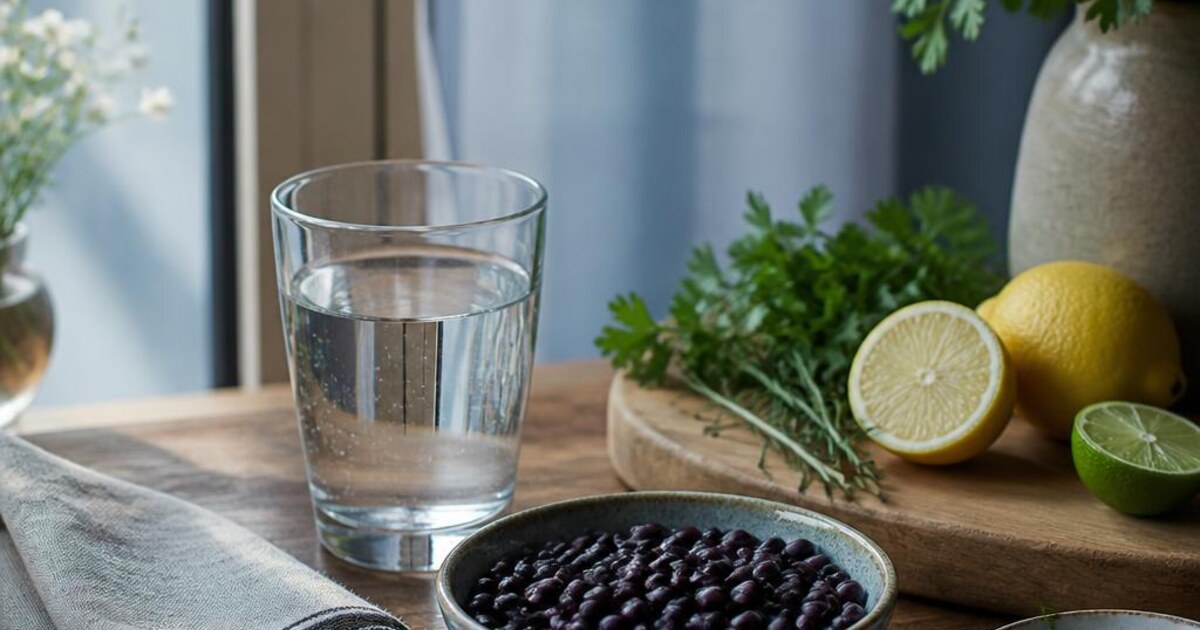 Cranberries, parsley and a glass of water arranged on dark stone