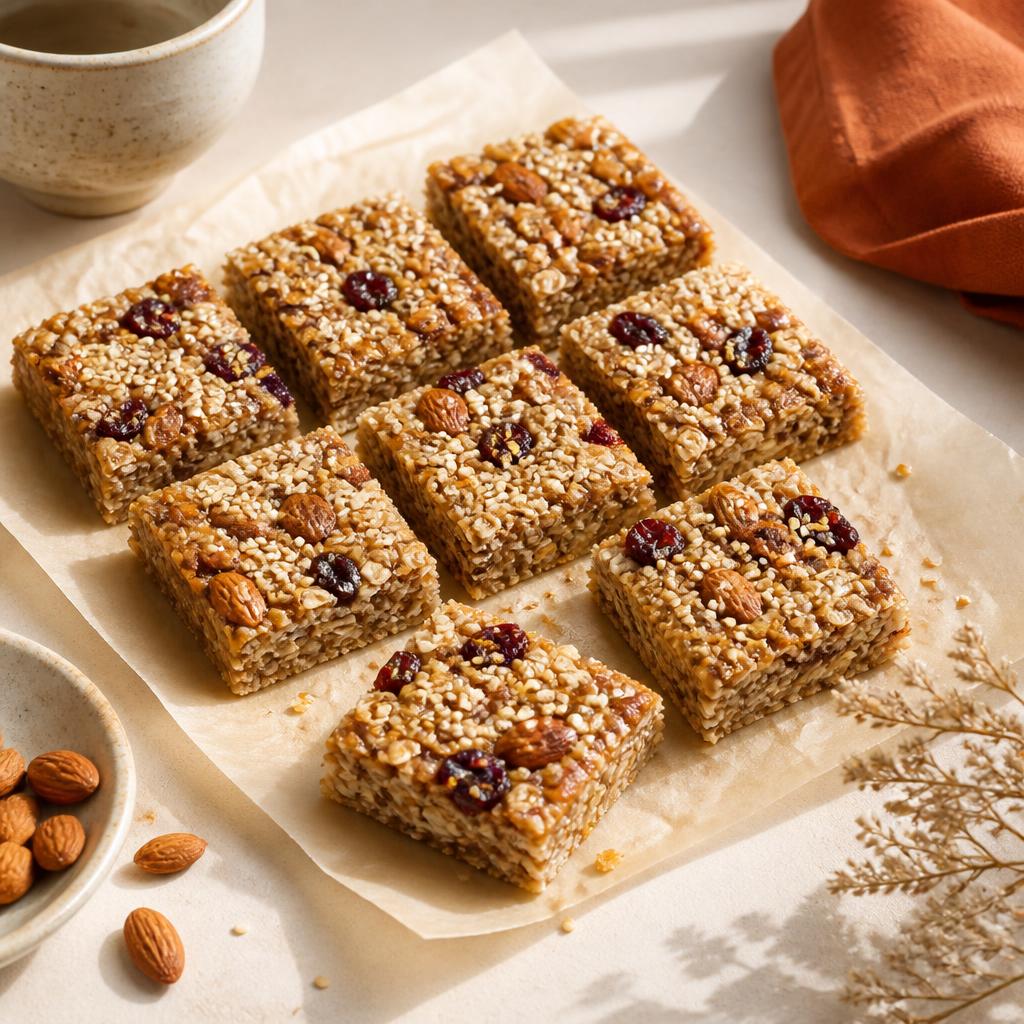 Chewy oat almond breakfast bars with pumpkin seeds and dates