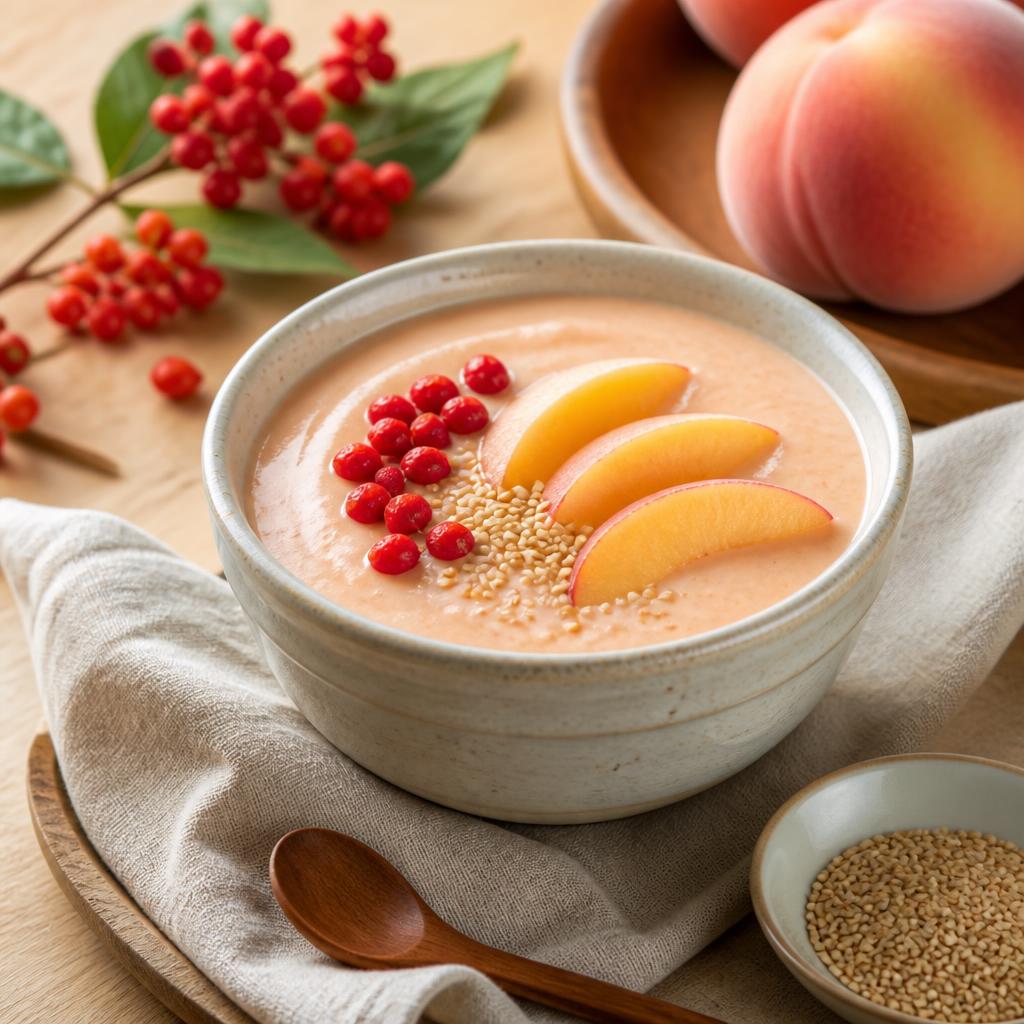 Peach omija smoothie in a Korean ceramic bowl with berries and sesame