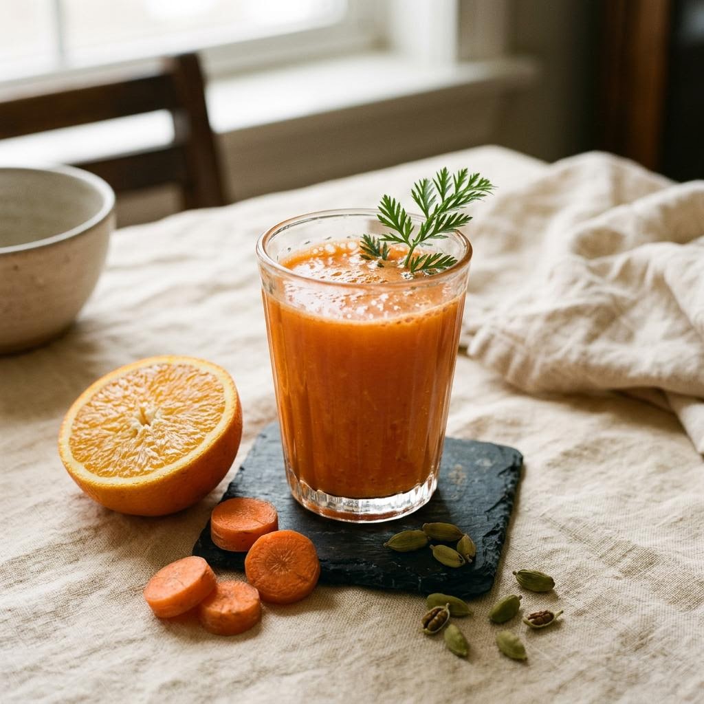 Orange carrot cardamom juice with orange rounds and ground cardamom