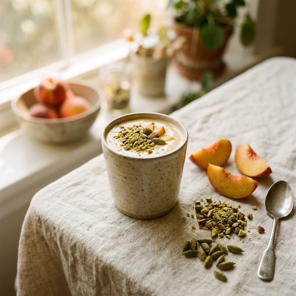 Golden peach cardamom smoothie with peach slices and crushed pistachios