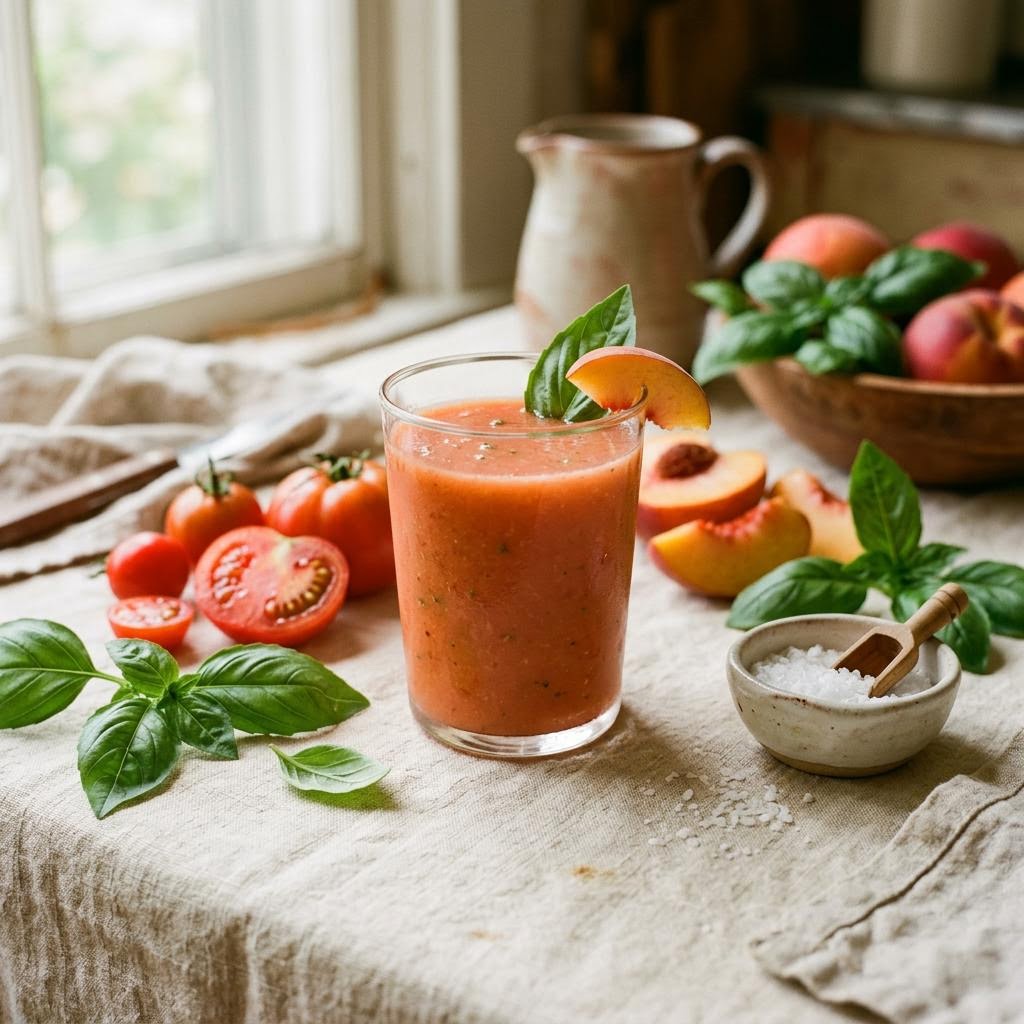 Peach tomato basil juice with ripe peach, tomato and basil leaves