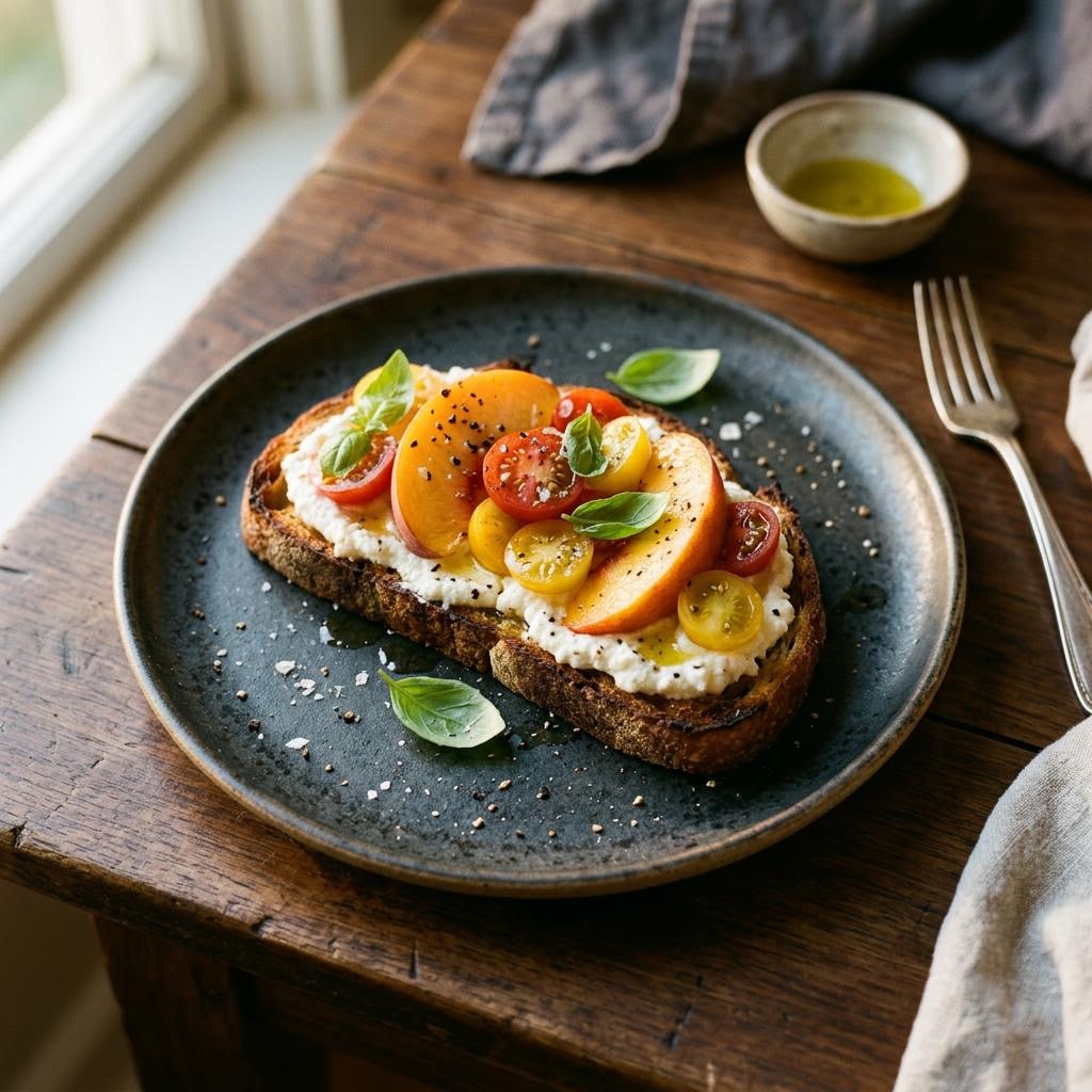 Peach tomato ricotta toast with basil honey and cracked pepper