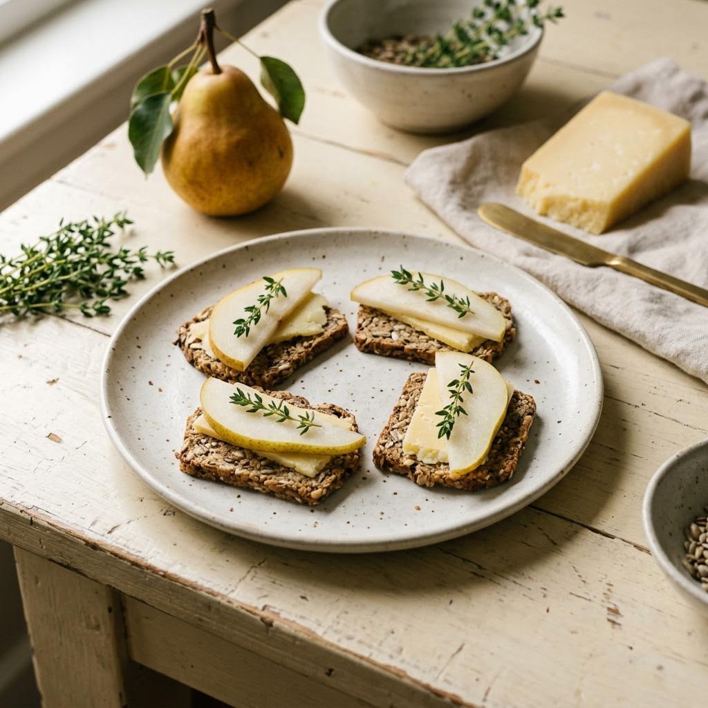 Pear cheddar cracker bites with walnuts and thyme on a small board